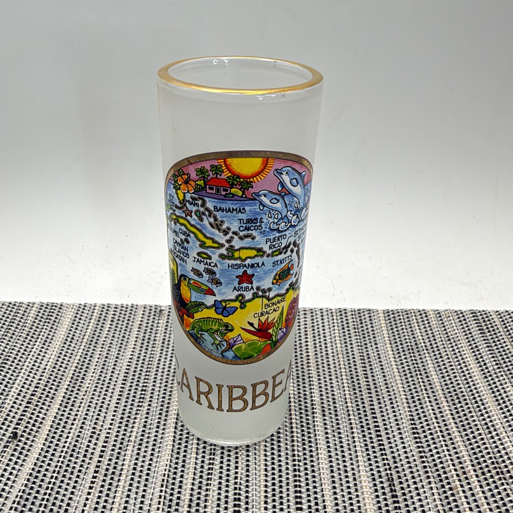 Caribbean Islands Souvenir Frosted Tall Shot Glass Gold Rim Map Graphic Shooter